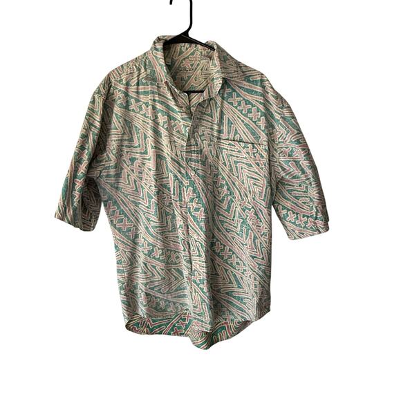 Vintage Bugle Boy Co. Aztec Print Button Down Shirt L‎ 90s Pastel Cotton Tee - Picture 1 of 8